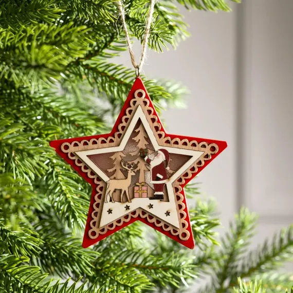 Ёлочная игрушка Красная звезда с Дедом Морозом 12х2 см., от батареек, свечение тёплое белое, Luazon Lighting (6117363)