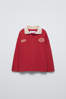 ZARA ФУТБОЛКА ПОЛО С РЕЛЬЕФНЫМ ПРИНТОМ, КРАСНЫЙ