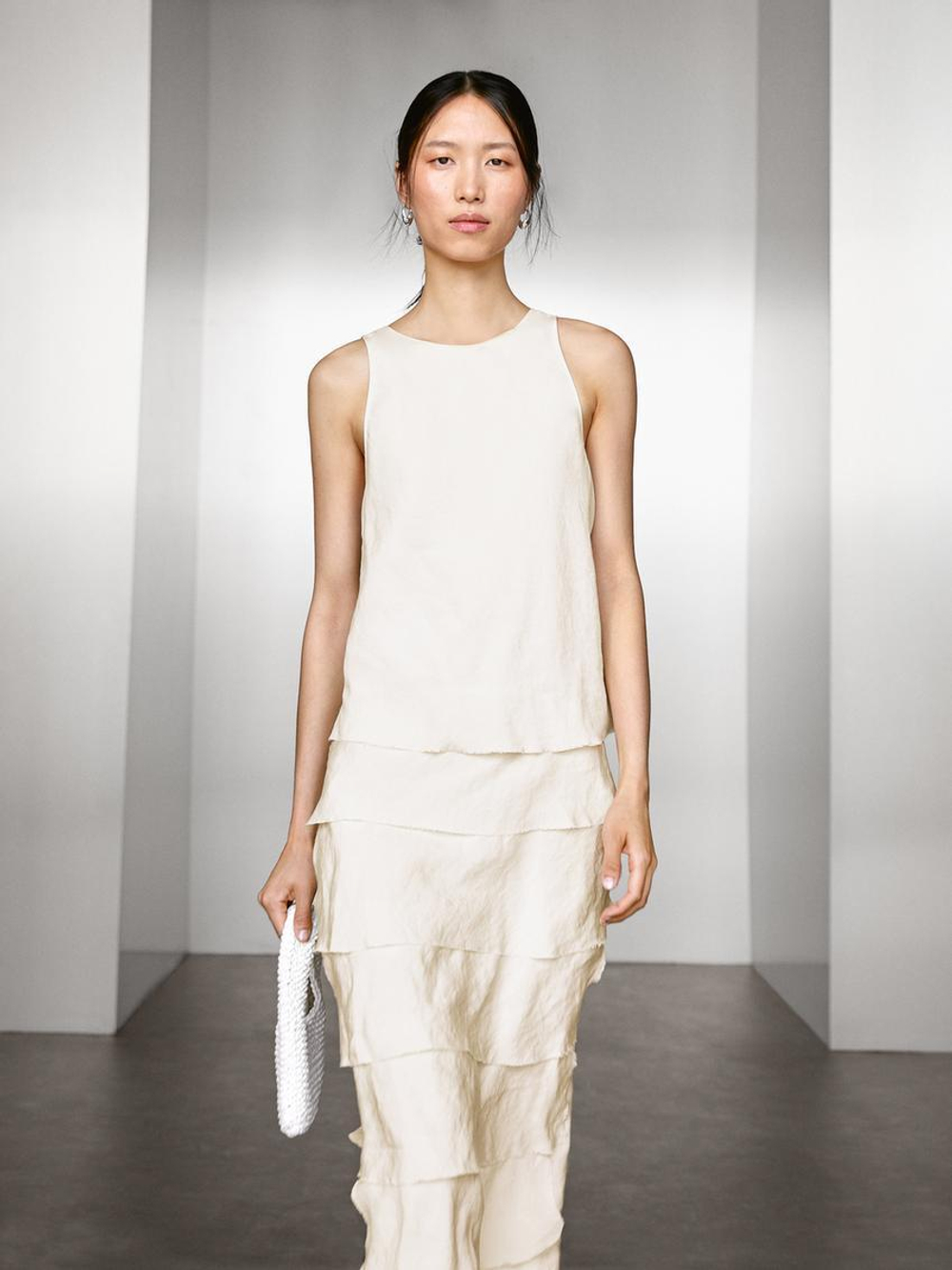 Massimo Dutti Длинное платье из струящейся ткани с воланами, натуральный, кремовый