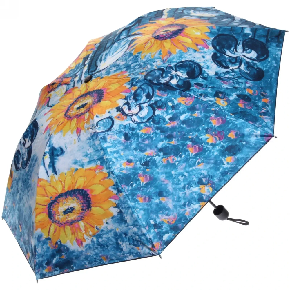 Зонт механический ветроустойчивый, матовая ручка «BESTzontik», подсолнухи на голубом, длина 25см, d-110см