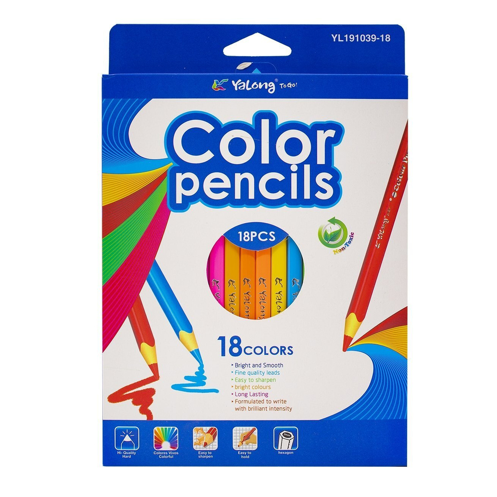 Карандаши цветные Yalong 18 цв., "Mix" деревянные, трехгранные, заточенные, грифель 3.0 мм, картон. уп., европодвес