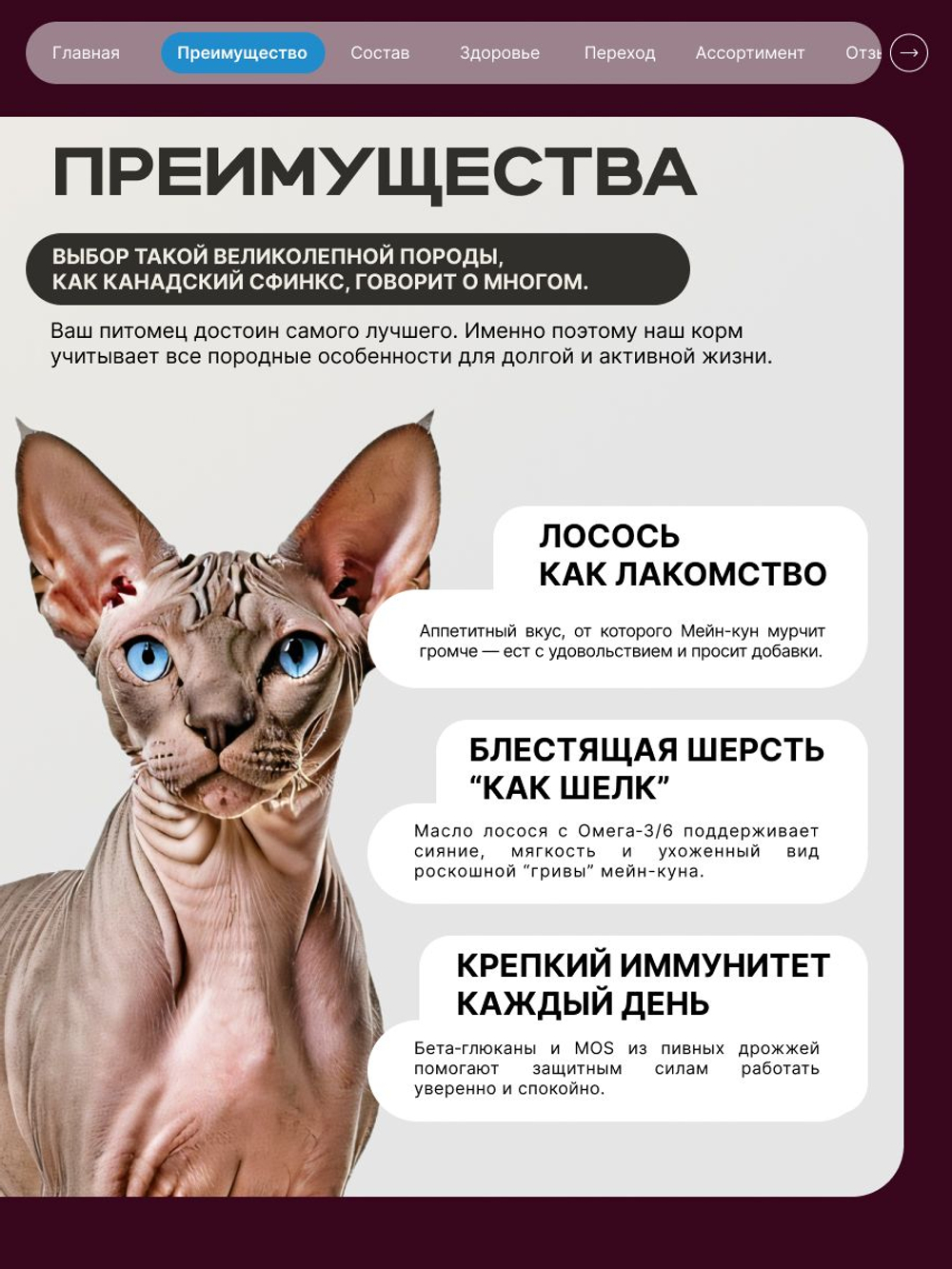 Корм сухой для взрослых стерилизованных кошек породы Канадский сфинкс, полнорационный комплекс, с лососем, 2 кг, QUATTRO