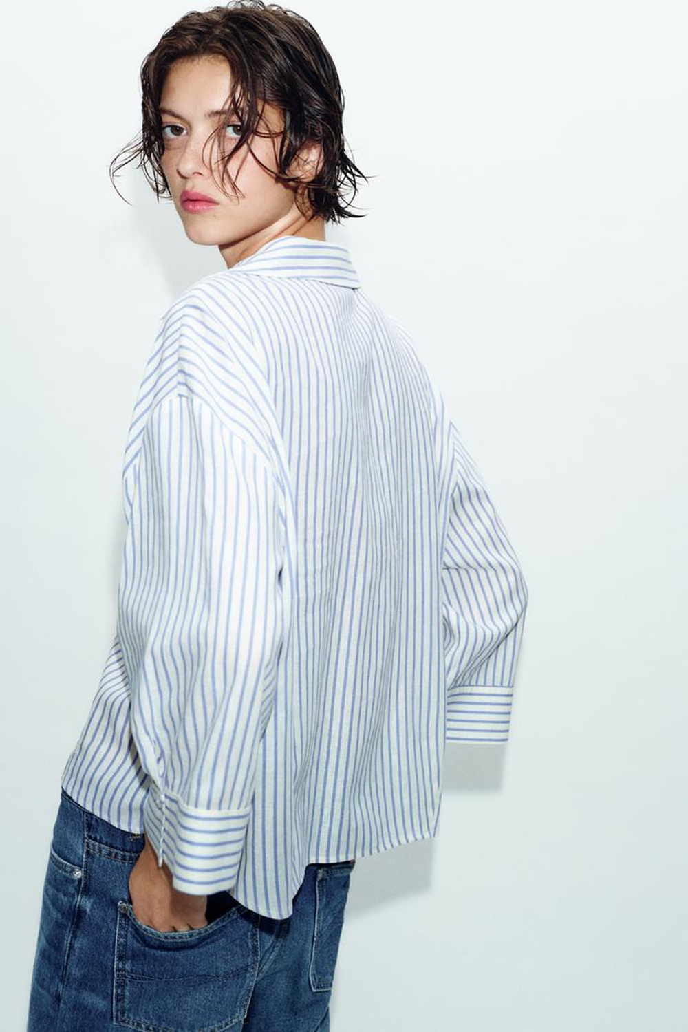 ZARA СВОБОДНАЯ РУБАШКА ИЗ ЛЬНА, СИНИЙ/БЕЛЫЙ