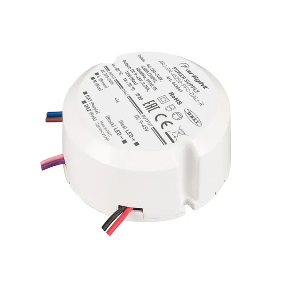 Блок питания ARJ-SN-45250-PFC-DALI-R (12W, 9-45V, 0.25A) (Arlight, IP20 Пластик, 3 года) 043061