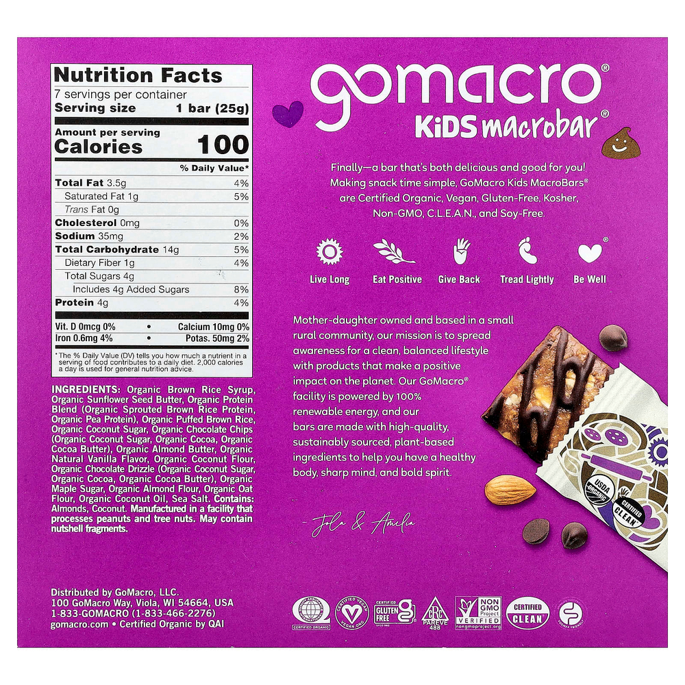 GoMacro, Kids MacroBar®, печенье с шоколадной крошкой, 7 батончиков по 25 г (0,9 унции)