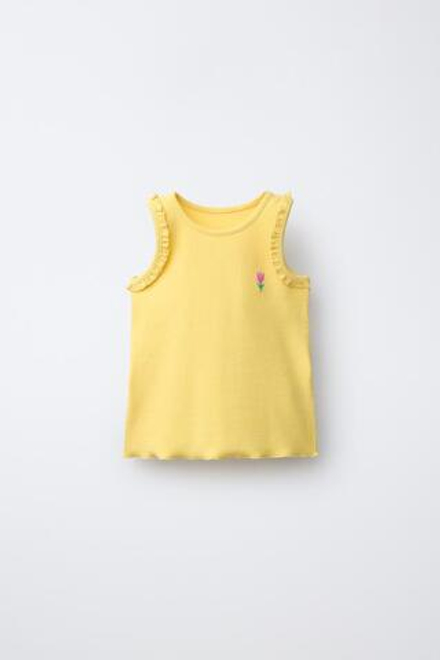 ZARA ФУТБОЛКА В РУБЧИК С ВЫШИВКОЙ НА ПРОЙМЕ, ЖЕЛТЫЙ