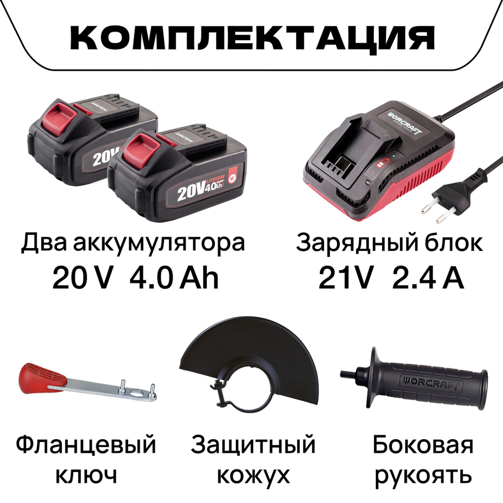 WORCRAFT Шлифмашина угловая, безщеточная с аккумулятором (1000Вт, 8500 об/мин+ АКБ 20V+СЗУ) УШМ.