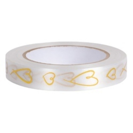 Лента (2см х 50 м) с рисунком "Золотые Сердечки" белая