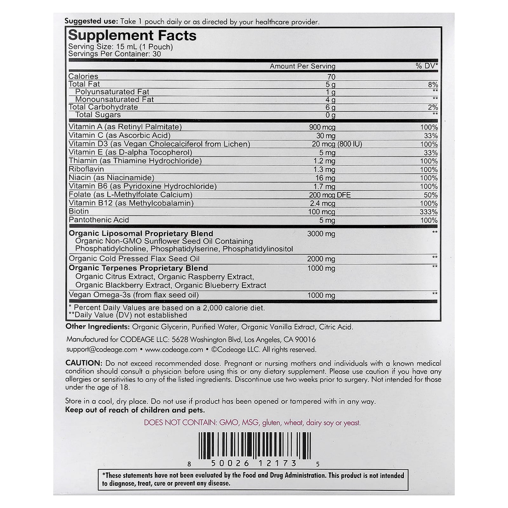 Codeage, Nanofood, ежедневная формула для женщин, липосомальная технология доставки, незаменимые витамины и омега-3, персик, 30 пакетиков по 15 мл (0,5 жидк. унции) каждый