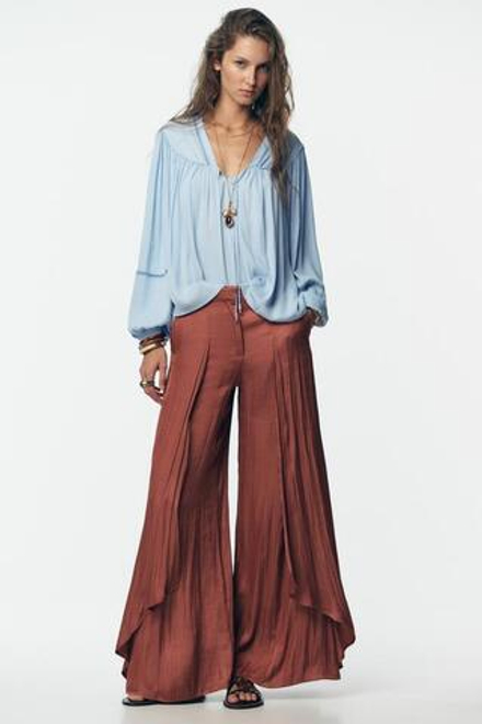 ZARA ШИРОКИЕ СТРУЯЩИЕСЯ БРЮКИ С ВОЛАНАМИ, МАРСАЛА