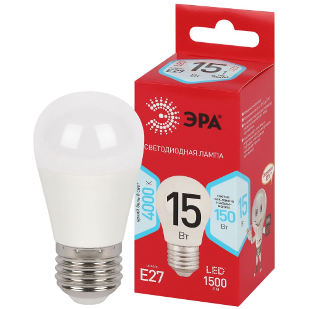 Лампа светодиодная ЭРА RED LINE LED P45-15W-840-E27 R 15Вт шар нейтральный белый свет E27 | Лампы cветодиодные Шар (G/P)