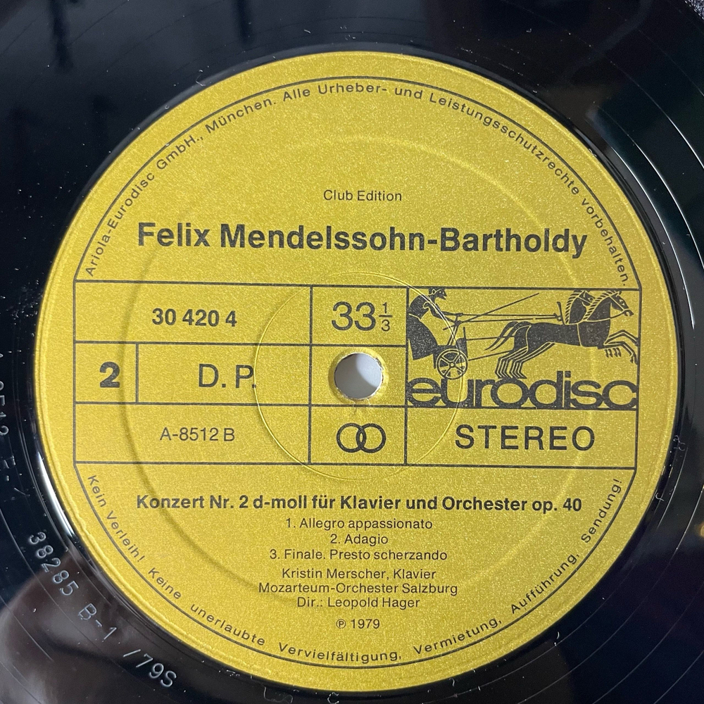 Винтажная виниловая пластинка LP Mendelssohn Мендельсон, Kristin Merscher, Mozarteum-Orchester Salzburg, Leopold Hager Klavierkonzerte Nr. 1 G-moll Op. 25 (Германия 1979)