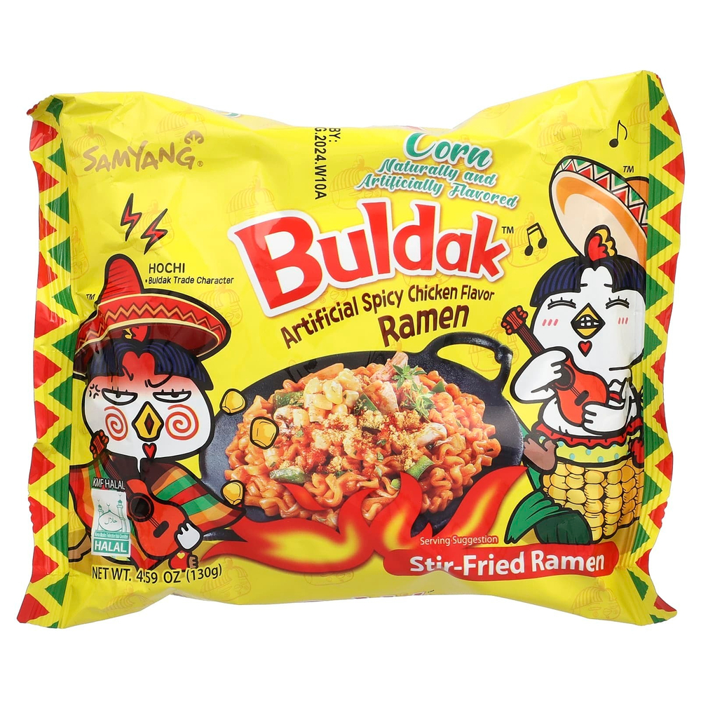 Buldak, Buldak ™, жареный рамен, кукуруза, искусственная пряная курица, 5 пакетиков по 130 г (4,59 унции)