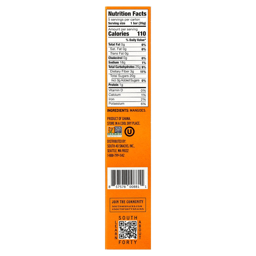 South Forty Snack Company, фруктовый батончик, 100% манго, 5 батончиков по 35 г (1,2 унции)