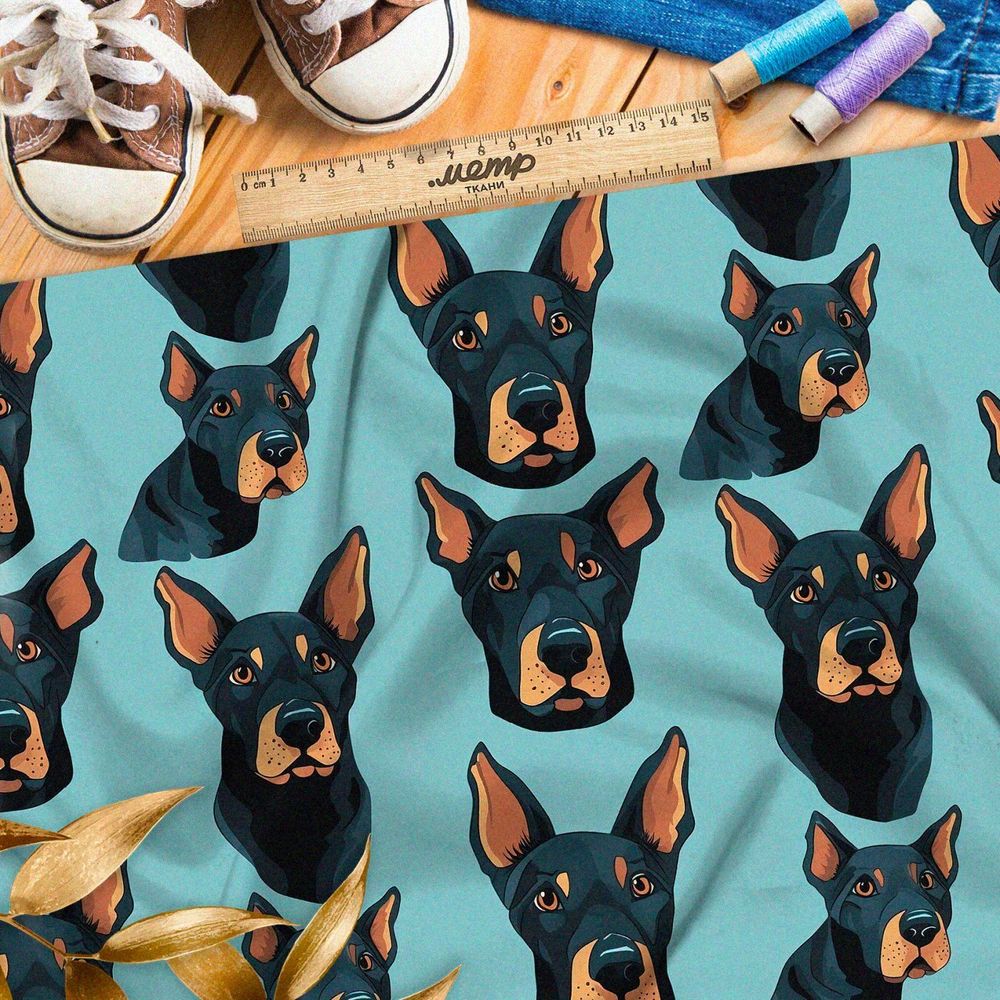 Ткань премиум шифон серьезные псы на голубом