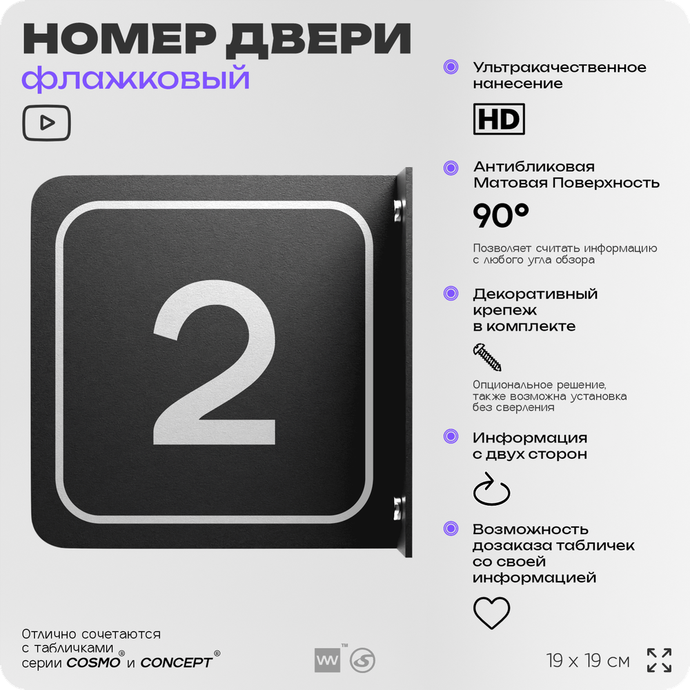 Табличка флажковая с номером 2 на дверь квартиры, для офиса, кабинета, аудитории, склада, черная двустороняя 19х19 см, Айдентика Технолоджи