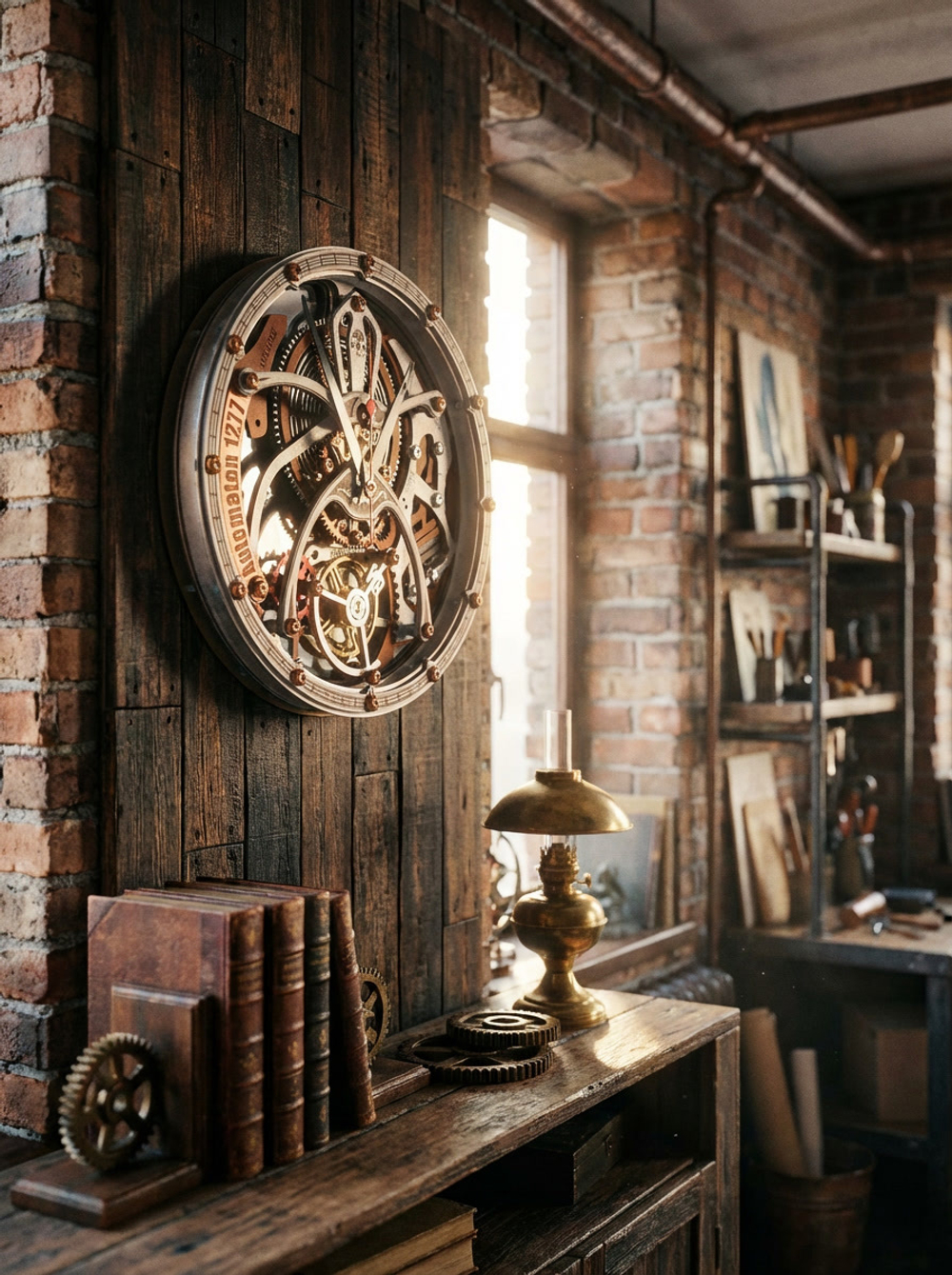 Настенные часы WOODandROOT Automaton 1277 Tourbillon ручной работы на тёплой деревянной стене мастерской с книгами и винтажными предметами.