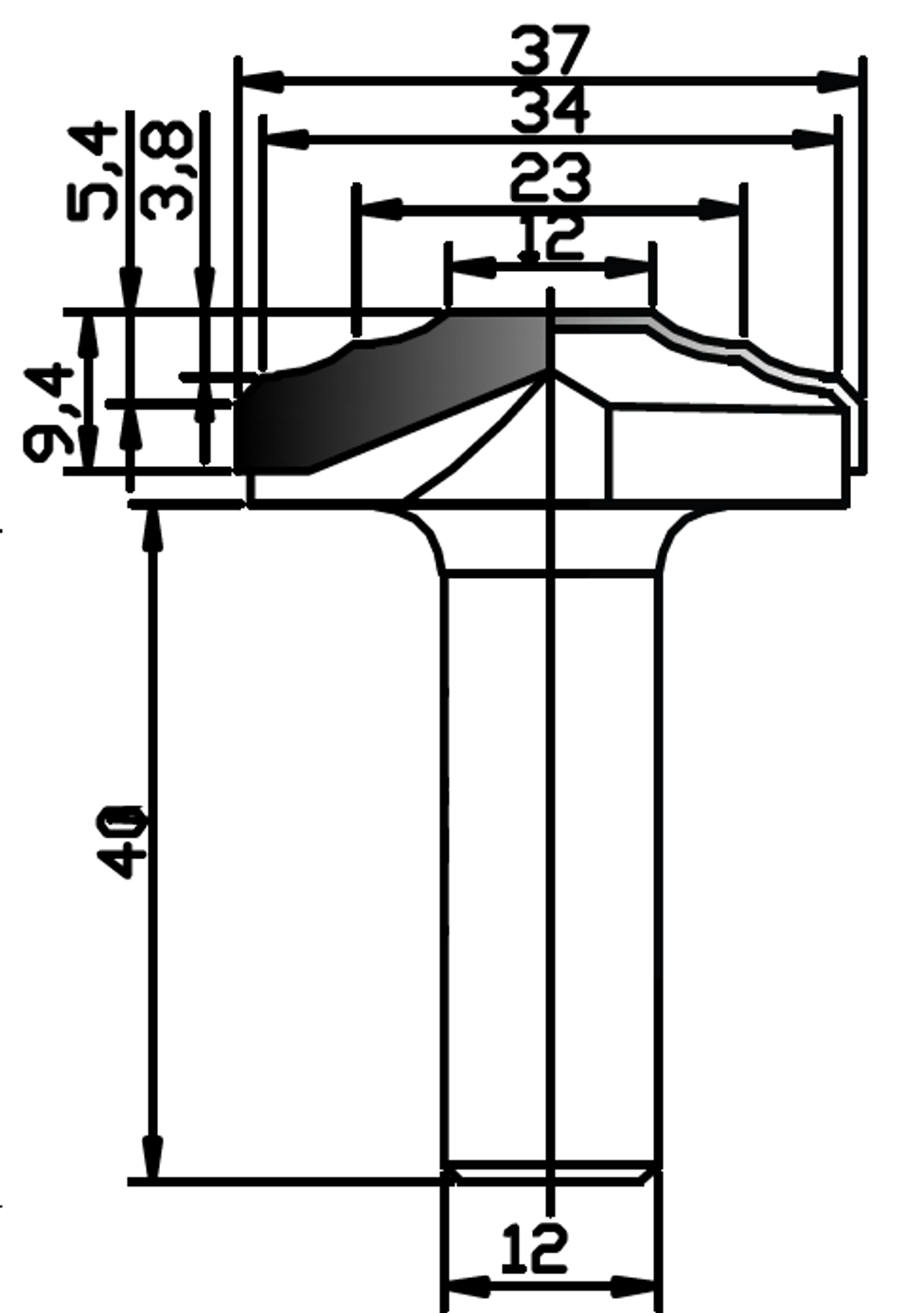 PCD профильная фреза D.37x12 9,4x40 Z2