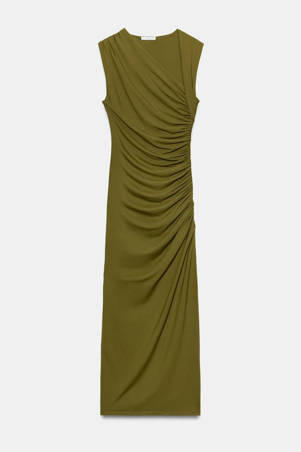 ZARA ПЛАТЬЕ МИДИ СО СБОРКАМИ, ОЛИВКОВЫЙ