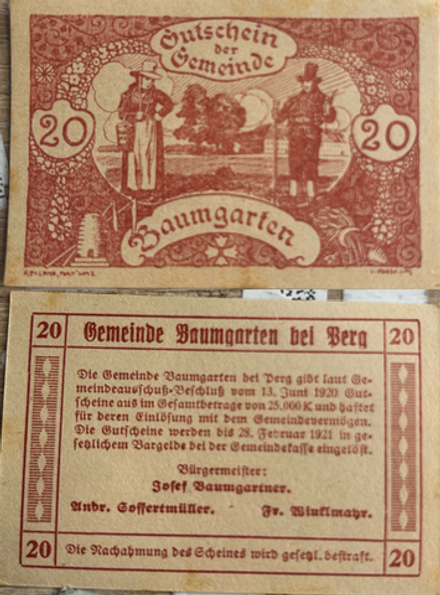 Австрия 20 геллеров 1920 Баумгартен aUNC