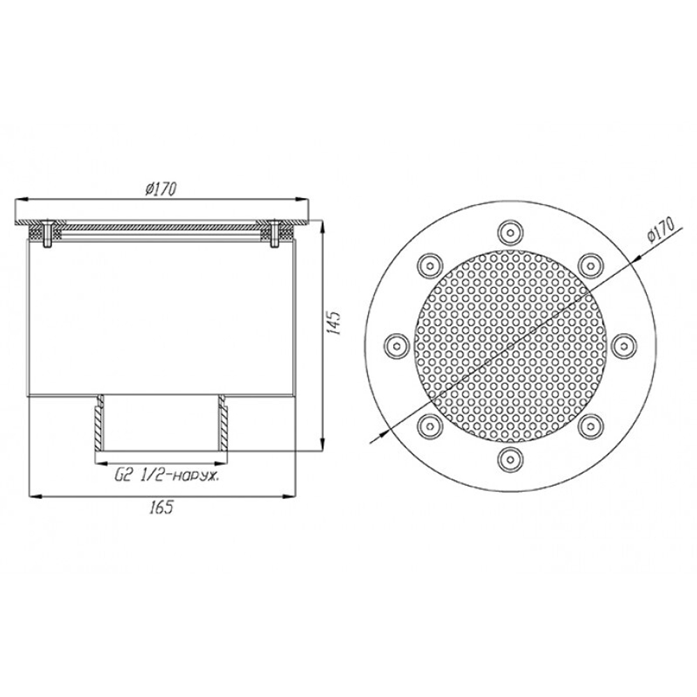 Водозабор с сетчатой крышкой Ø 165x100 (пленка) G2,5" (наружн.) нерж. AISI-316 /ВЗ.625.4/1