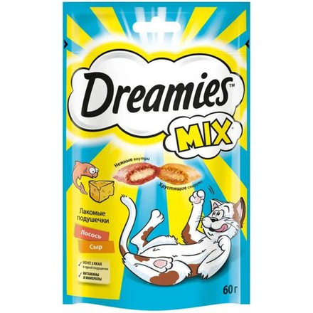 Лакомство Dreamies Mix для кошек лакомые подушечки с лососем и сыром 60 г