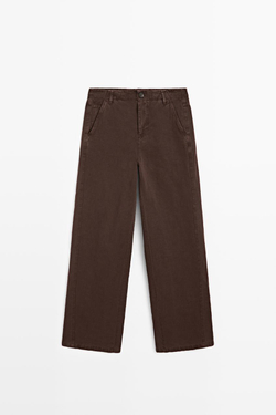 Massimo Dutti Брюки из смесовой льняной ткани с декоративной строчкой, шоколадный