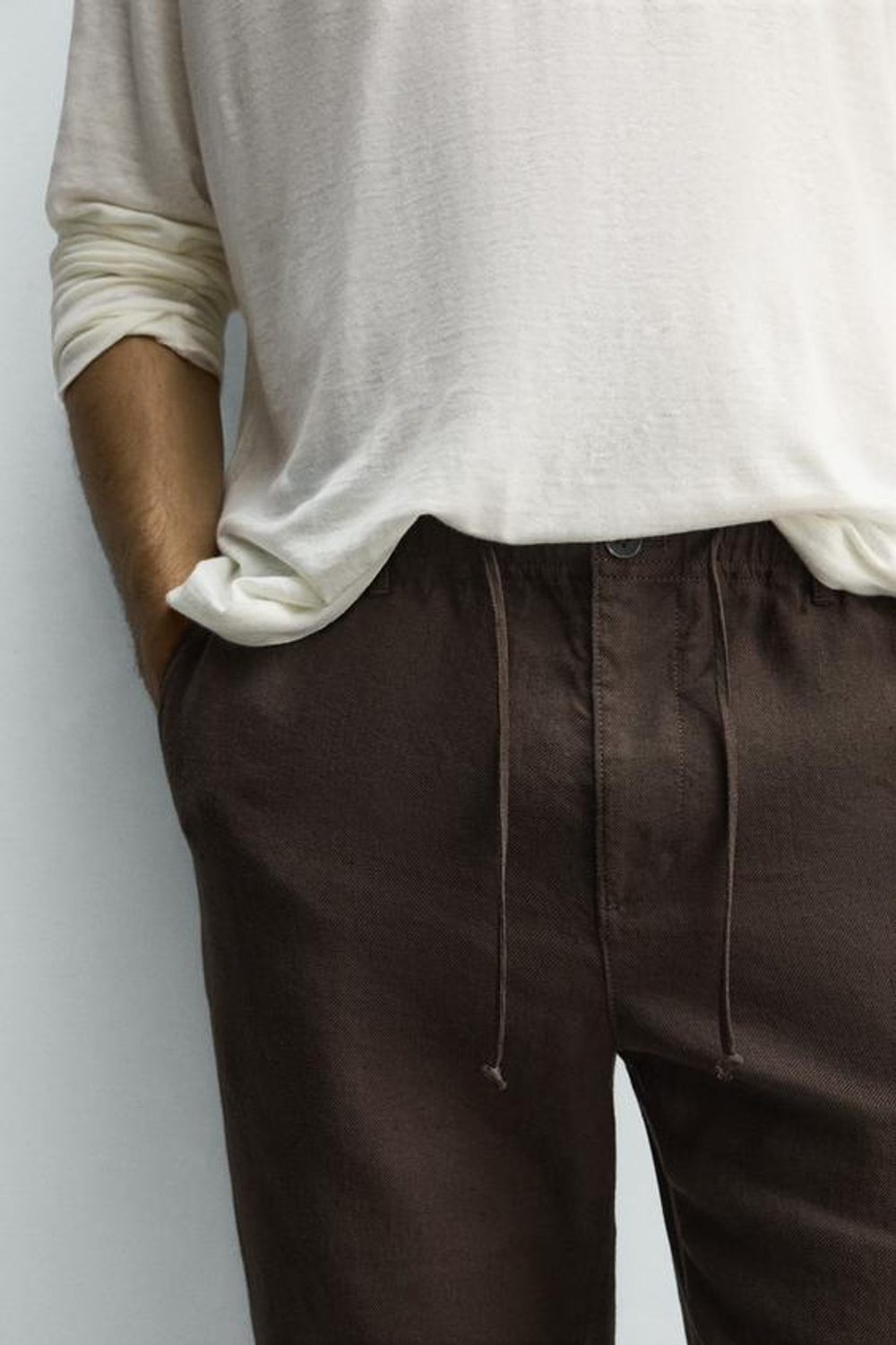 ZARA БРЮКИ RELAXED FIT ИЗ ХЛОПКА И ЛЬНА, КОРИЧНЕВЫЙ