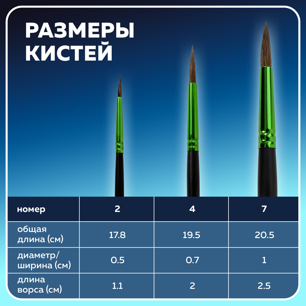 Кисти BRAUBERG PREMIUM, набор 3 шт. (из ворса пони круглые № 2, 4, 7), блистер, 201021
