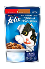 Влажный корм Felix Двойная вкуснятина для кошек, говядина птица в желе, 85 г