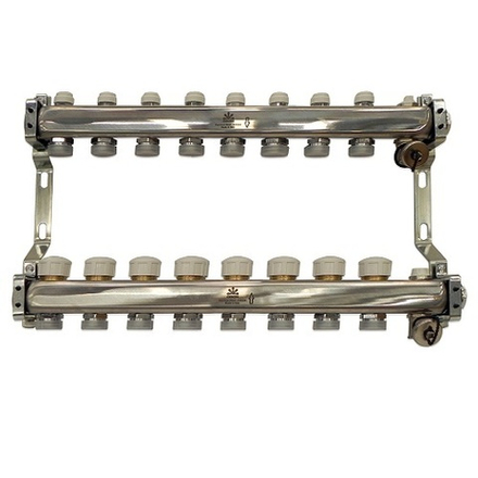 Коллекторный блок для тепл.пола и радиаторного отопления 1"x3/4"EU отв.-8, в комплекте: термостат. клапаны, микрометрич. вентили, сливн. краны, ручн.