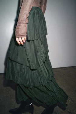 ZARA ЮБКА МИДИ С ВОЛАНАМИ — ZW COLLECTION, ТЕМНО-ЗЕЛЕНЫЙ