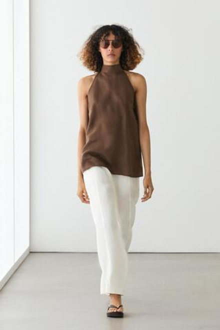 Massimo Dutti Топ из 100% струящегося льна с горловиной халтер, коричневый
