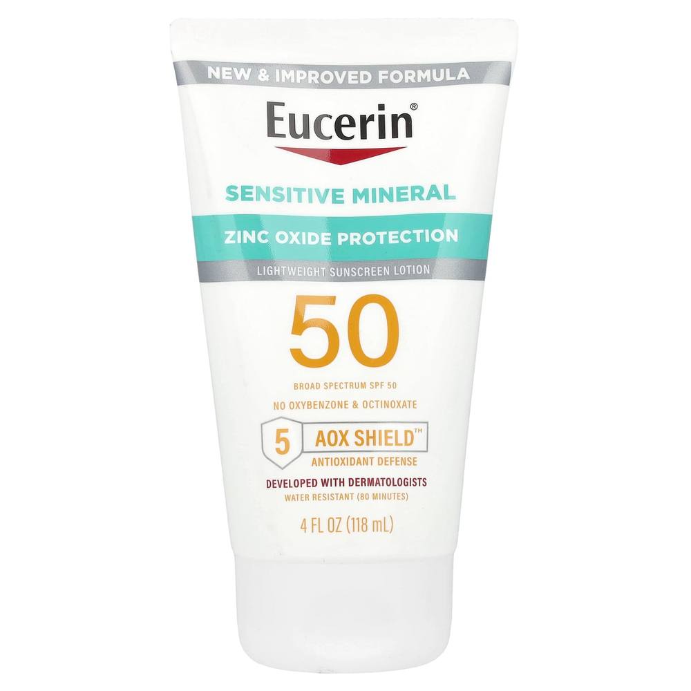 Eucerin, Sensitive Mineral, легкий солнцезащитный лосьон, SPF 50, без отдушек, 118 мл (4 жидк. унц.)
