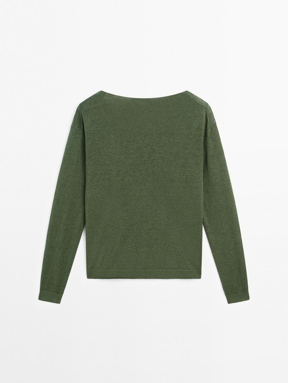 Massimo Dutti Свитер из 100% льна с вырезом лодочкой, цвет мха