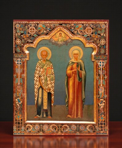 Николай Чудотворец и Зинаида Тарсийская мученица. Деревянная икона на левкасе