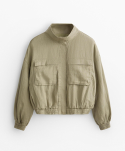 Oysho Куртка-бомбер из 100%-го льна, линялый хаки