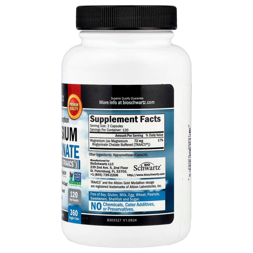 BioSchwartz, Maximum Absorption, бисглицинат магния, 360 вегетарианских капсул