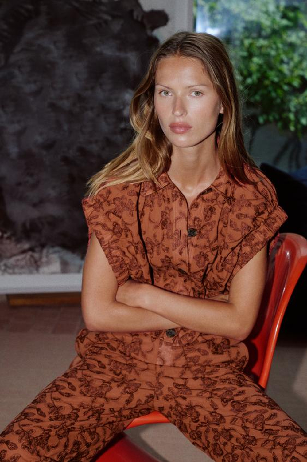 ZARA БРЮКИ ПРЯМОГО КРОЯ С ВЫШИВКОЙ, ЧЕРЕПИЧНЫЙ