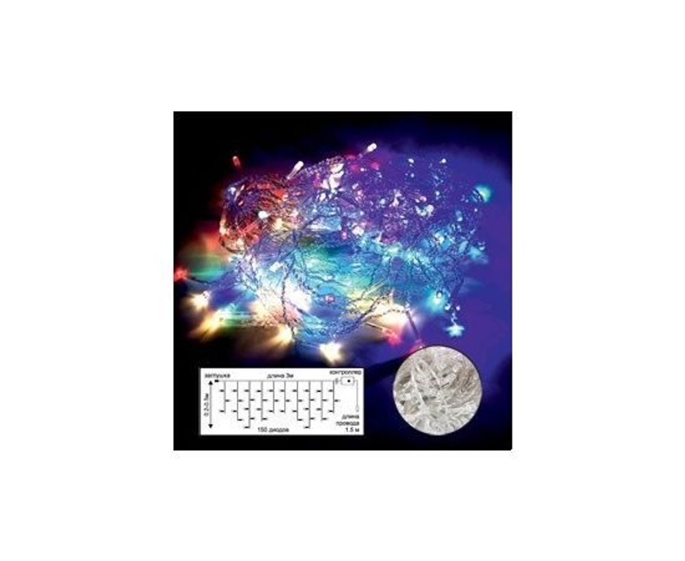 Ecola Гирлянда-бахрома ул. 150LED синий 3x0,5м (блок питания в/к) соед. до10шт. 8реж.прозр.N5YB03ELC, 1 шт.