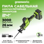 Пила сабельная акк. Greenworks GPT-CRS-25, 24V, б/щет, 0-3000/мин, рез 80 мм дер., LED, 1х4Ач,ЗУ,кор (1200507CUB)