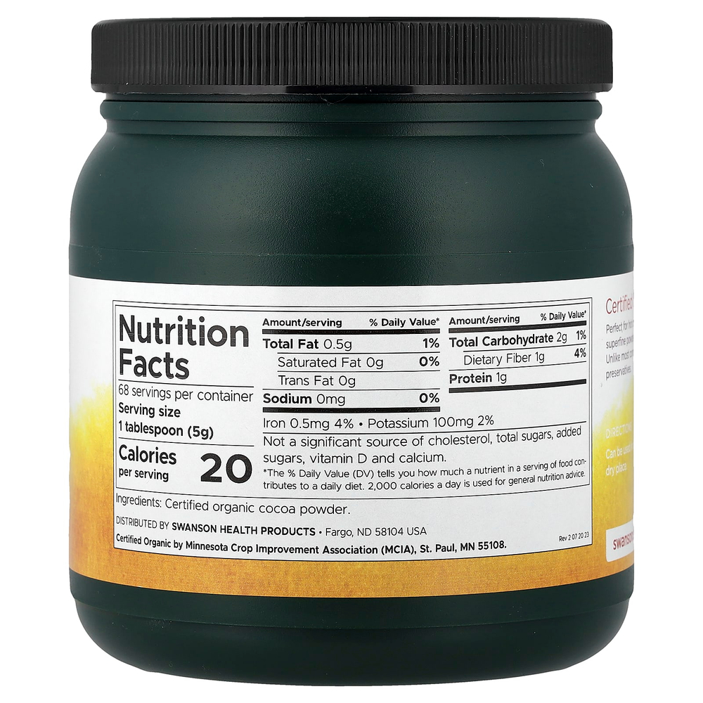 Swanson Vitamins, Сертифицированный органический какао-порошок, несладкий, 340 г (12 унций)