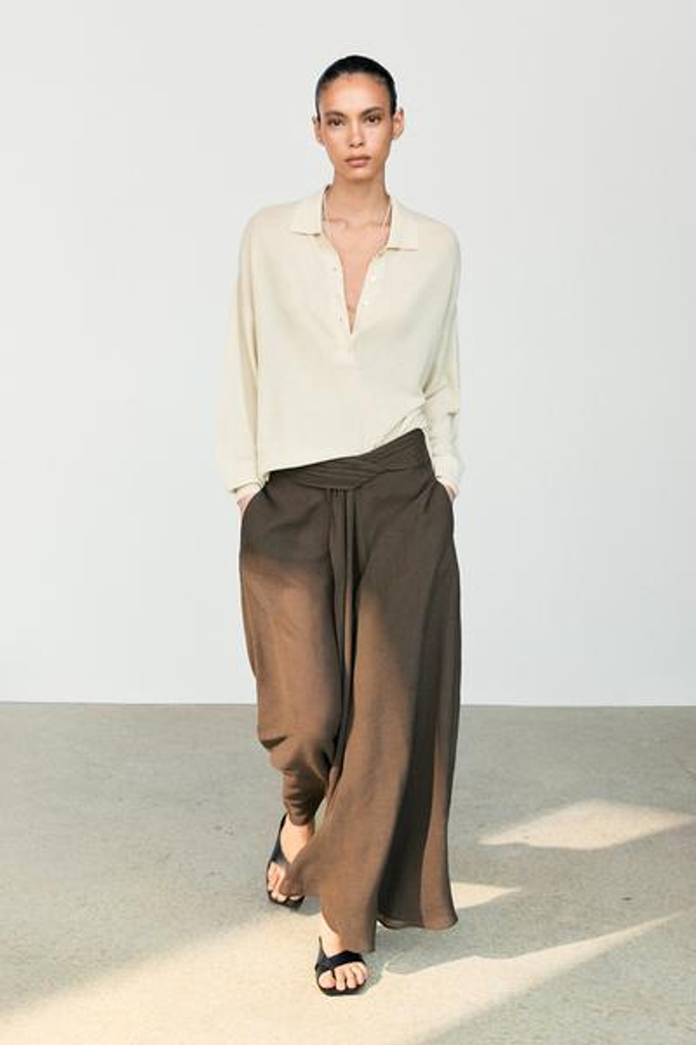 Massimo Dutti Полупрозрачные юбка-брюки из льняной смеси, коричневый
