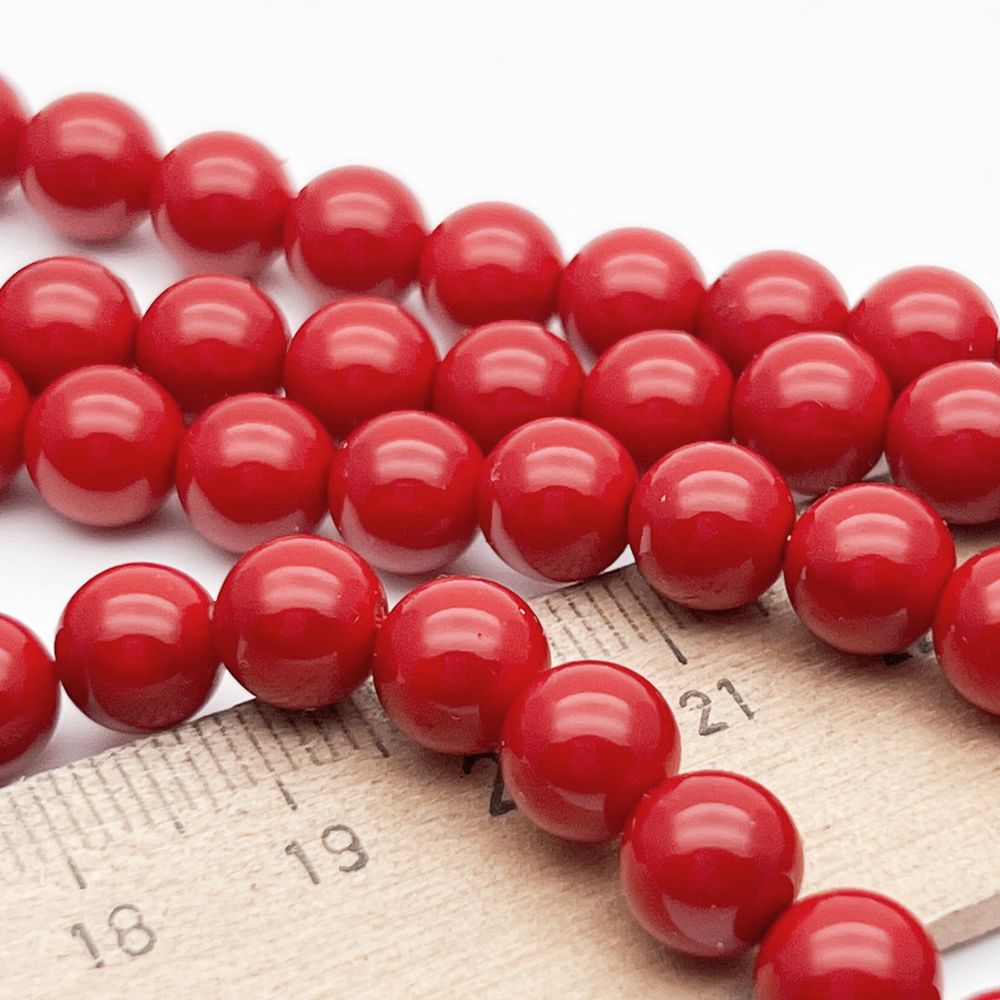 "Майорка" бусины, цвет красный, диаметр около 8 мм, цена за 12 шт (1/4 нити)