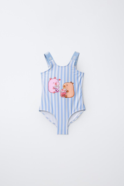 ZARA КУПАЛЬНИК В ПОЛОСКУ С КАПИБАРОЙ CAPYFUN ©, СИНИЙ