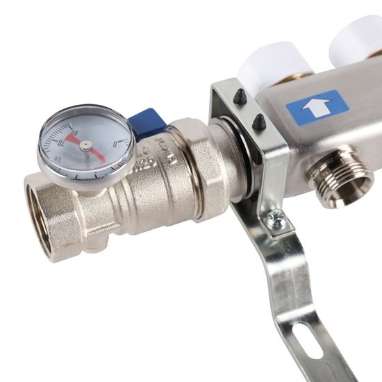 Коллектор Rommer 1"x3/4" на 5 контуров с запорными клапанами в сборе (нерж. сталь) RMS-3210-000005