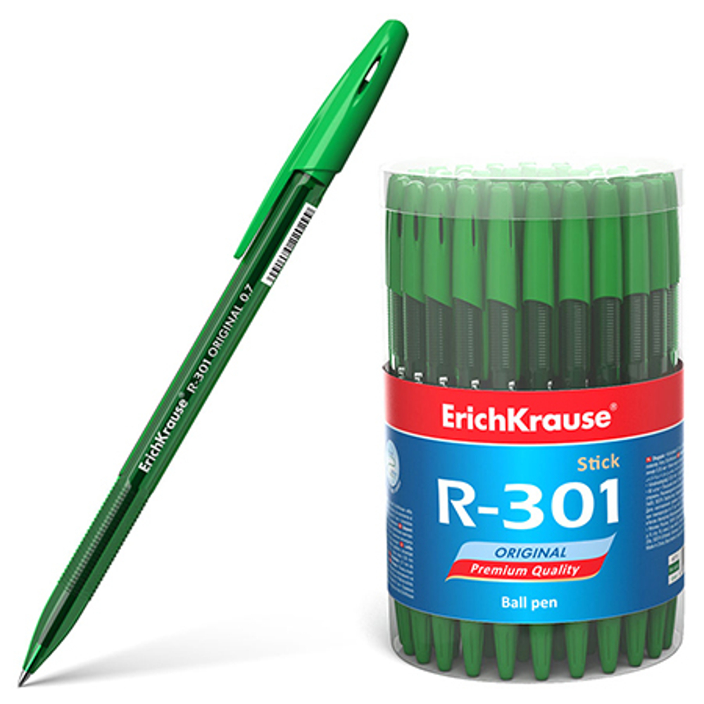 Ручка шариковая "Erich Krause" R-301 Original Stick зеленая 0,7мм, толщина письма 0,35мм, шестигранная, рифленый держатель, прозрачный корпус
