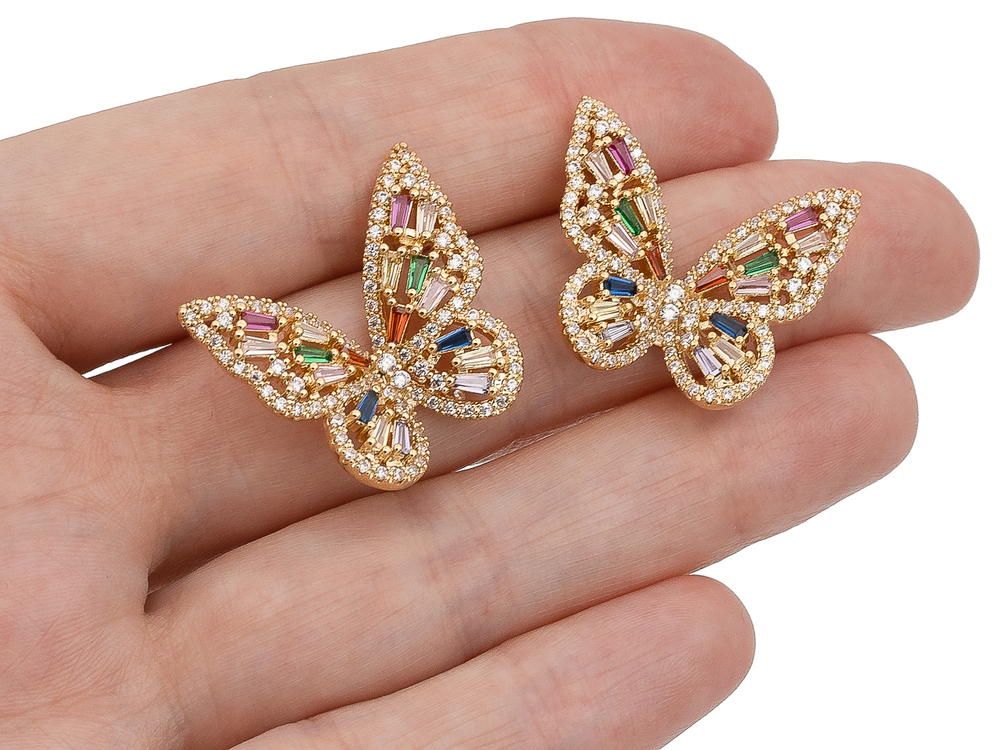 Серьги "Бабочки". 28мм, с цветными стразами