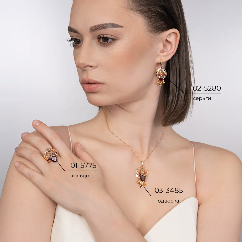 Серьги «Фениксы» из красного золота с гранатами, цитринами и эмалью