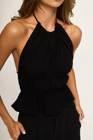 Топ из жатого хлопка с воротом халтер черного цвета